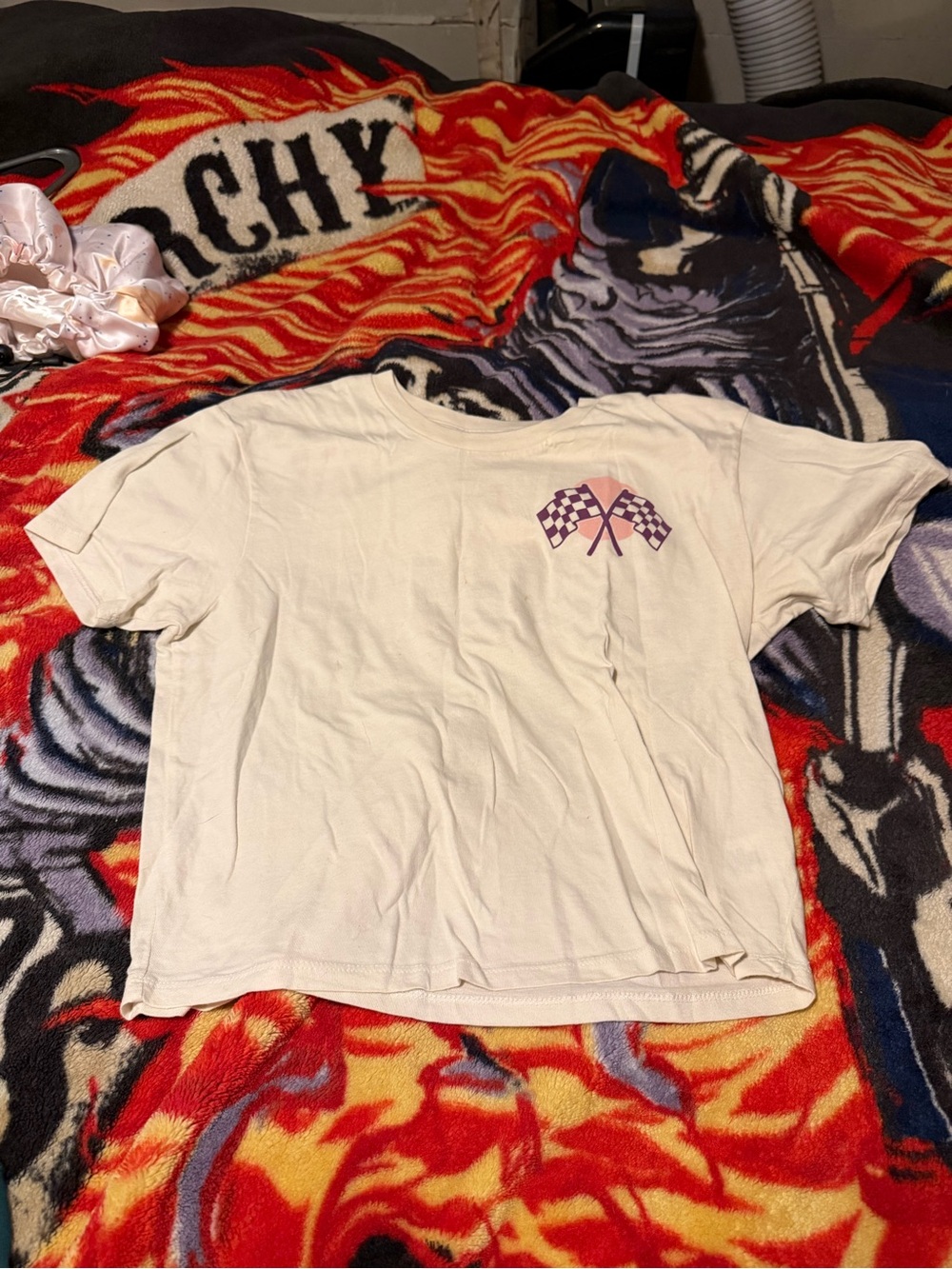Rebellious One Cream Tee with Purple Checkered Flags